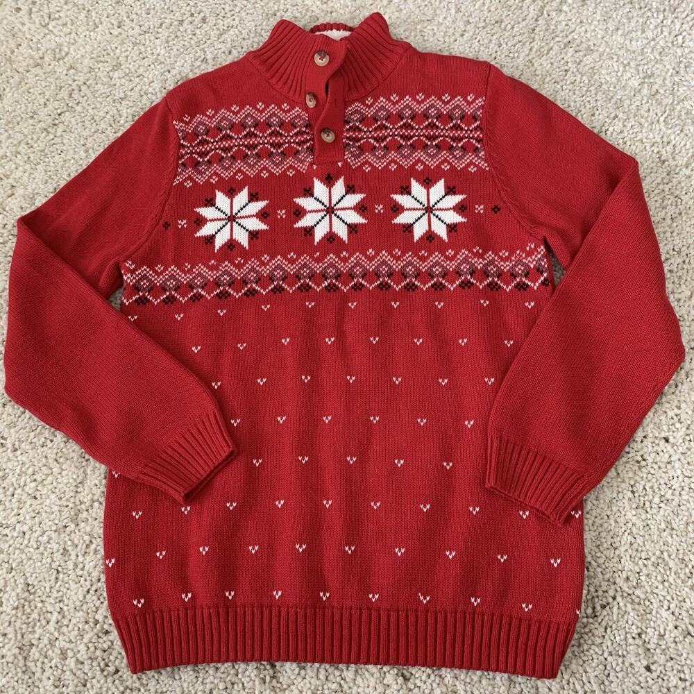 Chaps Fair Isle Sweater Boys XL 18-20 Red Cotton Snowflake Pullover 1/4 Button